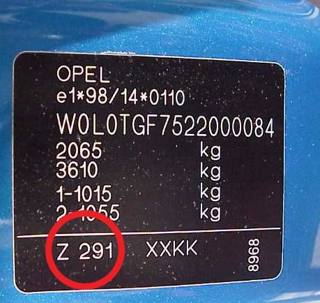 Vin plate Opel Zafira paintcode 291